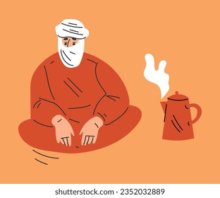Man Tourist Camping in Desert Sitting Near Hot Teapot Vector Illustration