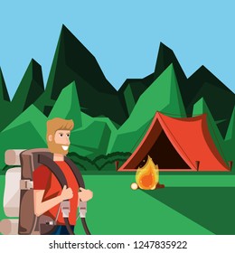 man tourist in camping zone