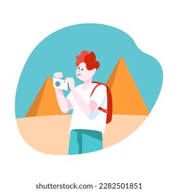 Man Tourist Character on Vacation Trip or Journey Standing with Camera Photographing Pyramid Vector Illustration