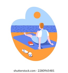 Man Tourist Character Sunbathing on Seashore on Vacation Trip or Journey Vector Illustration