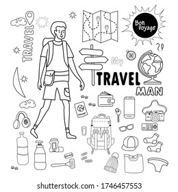 man tourist. Doodle travel stuff for men. Set of images Travel and vacation - luggage, things, clothes and shoes, hygiene items and documents. All elements are isolated.