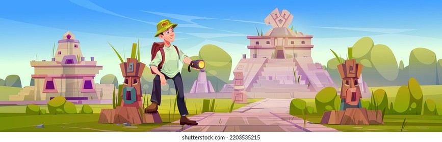 Man tourist explore ancient aztec ruins. Summer landscape of abandoned village of mayan civilization with temple, statues, pyramid and traveler in hat with flashlight, vector cartoon illustration svg