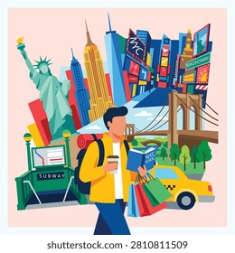 A man tourist in front of a collage of New York city 