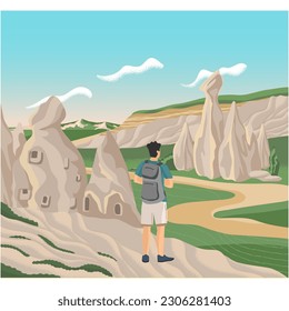 Man tourist looking at stone nature attraction