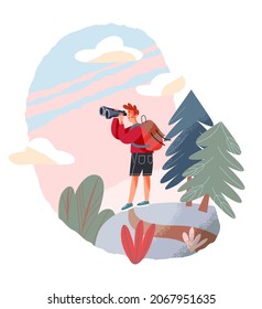 Man tourist looking through binoculars, people in travel adventure vector illustration. Cartoon traveler character standing in cute scenic nature forest landscape, discovery vacation isolated on white