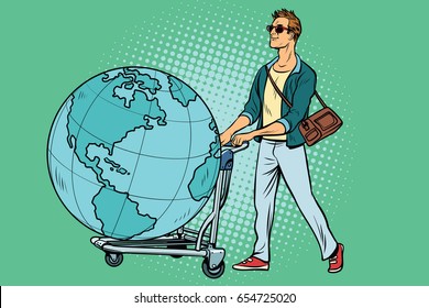 man tourist with a Luggage cart with the planet Earth. Pop art retro vector illustration
