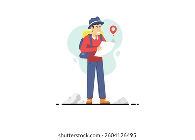 Man tourist with map on isolated background, Vector illustration.