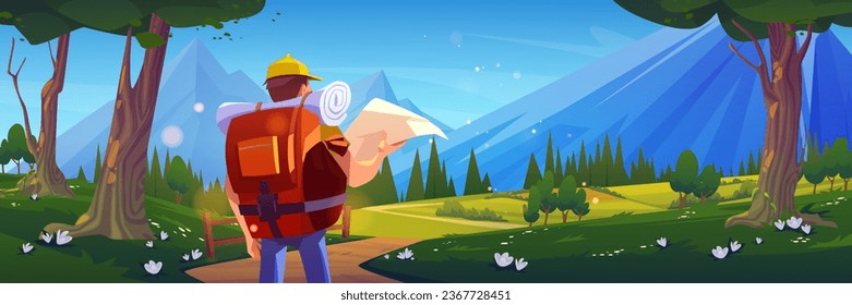 Man tourist with map on journey route to mountain vector illustration. Trekking travel through forest with flowers and hiker character enjoying location. Summer sightseeing for young traveler