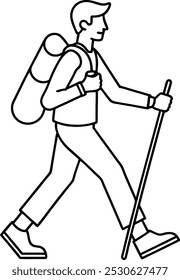 A man tourist nature walk hike trekking lifestyle line art. Flat hiking man outlines vector illustration.