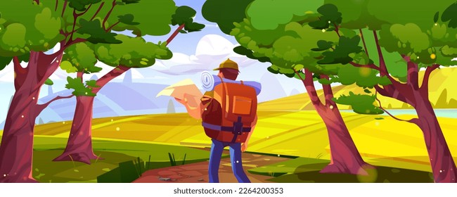 Man tourist on road on hills with agriculture fields, river and trees. Summer landscape of farmland, countryside panorama with hiker with backpack and map, vector cartoon illustration