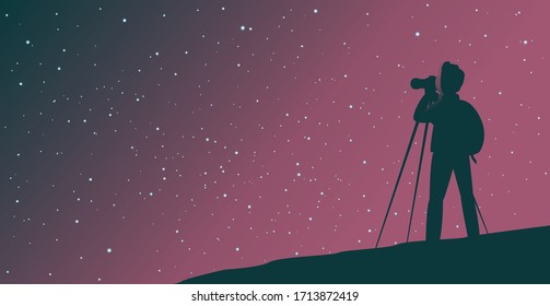 A man tourist photographs the starry sky. Silhouette on a night background. Vector illustration.