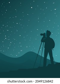 A man tourist photographs the starry sky. Tripod camera. Silhouette on a night background. Vector illustration poster