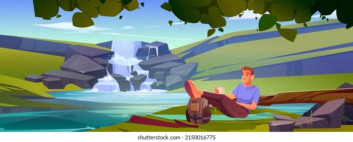 Man tourist relax at nature landscape with waterfall. Cartoon male character resting on mat with cup of coffee in hands and legs lying on backpack listening music via headphones, Vector illustration