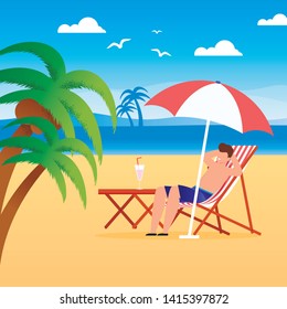 Man Tourist Relaxing along on Beach Illustration. Vector Cartoon Male Character Sitting on Deck Chair under Umbrella with Cocktail on Wooden Table. Summer Vacation and Rest on Tropical Island