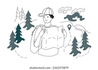  man tourist with rucksack holding map searching route. Vector outline doodle illustration.