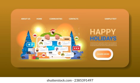 man tourist in santa claus hat join a travel community free homestay arrangement happy new year concept