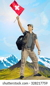 Man tourist standing on mountain top with swiss flag