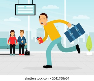 Man Tourist with Suitcase and Passport Running Toward Airport Terminal Vector Illustration