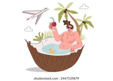 Man tourist swims in pool, getting lying in large coconut under palm tree and flying plane. Guy tourist spends summer vacation on tropical beach, using weekend to sunbathe on island