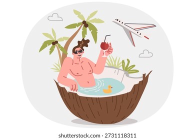 Muchos turistas nadan en la piscina, acostándose en el coco Grande debajo de la palmera y el avión volador. Tipo de turista pasa vacaciones de verano en la playa tropical, utilizando el fin de semana para tomar el sol en la isla