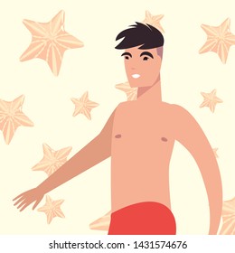 man tourist in swimsuit summer background