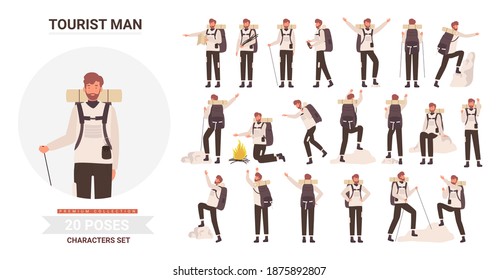 Man tourist traveler adventure poses vector illustration set. Cartoon bearded young male hiker character with backpack posing in tourism activity, traveling, hiking and climbing isolated on white