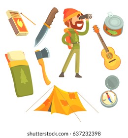 Man with touristic backpack looking through binoculars. Camping equipment. Cartoon detailed Illustrations