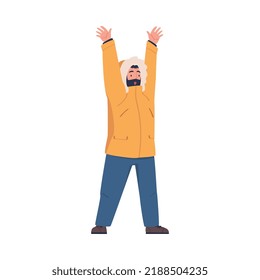Man Tourists in Warm Clothes Standing with Raised Hands Shouting Sending SOS Signal Vector Illustration