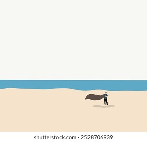 Man with towel relaxing on the beach during vacation. Enjoying summer travel holiday. Minimal art design.