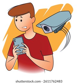 Man tracked on phone by surveillance systems. Funny people. Illustration concept template for website, web landing page, banner, presentation, social, poster, promotion or print media.