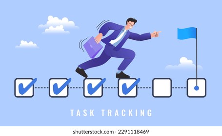 man tracking completed tasks. Businessman to check project management timeline. Project tracking, goal tracker, task completion or checklist to remind project progress concept. start to finish. vector