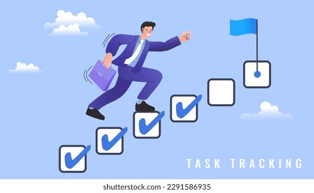 man tracking completed tasks. Businessman to check project management timeline. Project tracking, goal tracker, task completion or checklist to remind project progress concept. start to finish. vector