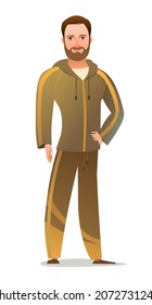 Man in tracksuit. Guy got ready for sports activities. Cheerful person. Standing pose. Cartoon comic style flat design. Single character. Illustration isolated on white background. Vector