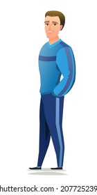 Man in tracksuit. Guy got ready for sports activities. Cheerful person. Standing pose. Cartoon comic style flat design. Single character. Illustration isolated on white background. Vector.