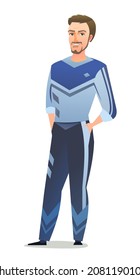 Man in tracksuit. Guy got ready for sports activities. Cheerful person. Standing pose. Cartoon comic style flat design. Single character. Illustration isolated on white background. Vector.