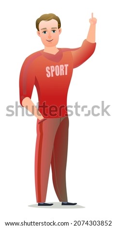 Man in tracksuit. Guy got ready for sports activities. Cheerful person. Standing pose. Cartoon comic style flat design. Single character. Illustration isolated on white background. Vector.