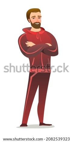 Man in tracksuit. Guy got ready for sports activities. Cheerful person. Standing pose. Cartoon comic style flat design. Single character. Illustration isolated on white background. Vector.