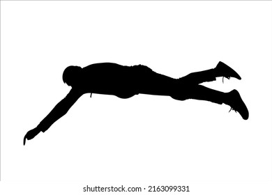 A man in a tracksuit, sneakers on his feet, lie on his stomach. A guy is a tourist, trying to get something, reach for something below. The rescuer makes an effort to help. Shadow isolated on white