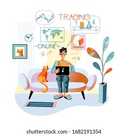 Hombre comerciante trabajando en laptop en casa. Guy broker freelancer analizando información, gráfico y gráfico financiero, aceptando la decisión de inversión. Operaciones en línea en el mercado de valores de las finanzas. Ilustración del vector