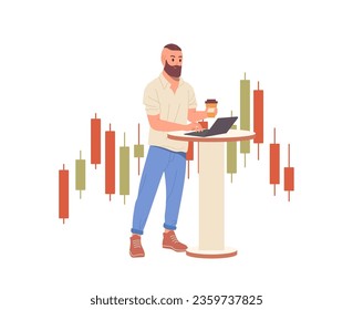 Man trader working on laptop computer analyzing data doing financial stock market research