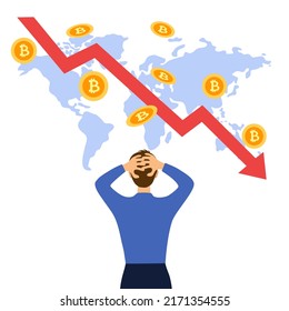 Man trader worrying about cryptocurrency downturn concept vector illustration. Bitcoin crash.