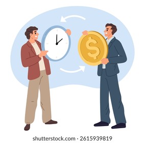 Man trades his time for money. Clock and gold coin exchange. Hour cost. Business employment. Businessman pay for work. Timepiece selling. Change life minutes to finance