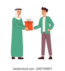 A man in traditional Arab clothing presents a gift to a younger man.jpg