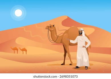 Man in traditional attire with a camel in desert landscape under clear sky and sun, flat style on sandy background. Concept of nomadic life. Vector illustration