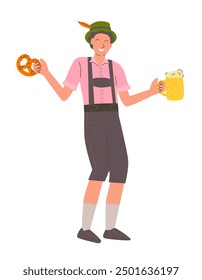 Man in Traditional Bavarian Clothes with Beer and Pretzel. Oktoberfest Celebration. Vecor flat illustration. 