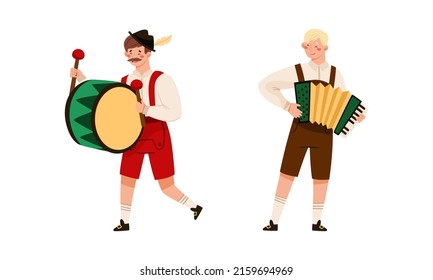 Man in traditional Bavarian clothes with musical instruments. People celebrating Oktoberfest beer festival vector illustration