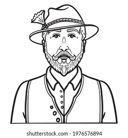 man with traditional Bavarian costume. hat, beard, vest, bavaria, avatar, outline, monochrome.