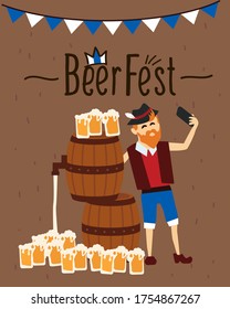 Man in traditional bavarian costume take a selfie. Barrels of beer and beer mugs. Oktoberfest beer festival. Vector illustration.