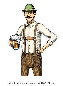 A man in traditional Belgian or Bavarian clothes with beer. engraved in ink hand drawn in old sketch and vintage style for web or pub menu. design of oktoberfest.