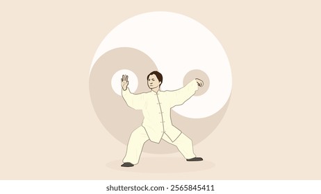 A man in a traditional Chinese Tai chi martial arts pose, standing with his arms stretched out to the sides and his legs bent at the knees. A Taiji symbol in the background.